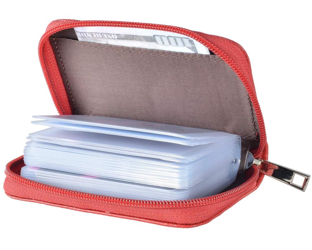 5341 Leather Credit Card Holder Zipper Wallet With 26 Card Slots Red